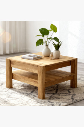 Massivholz Eichen-Couchtisch 70x70 cm mit Ablage natur